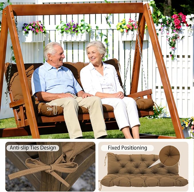 5 Inch Thick Waterproof Patio Porch Swing Cushions, 60x40 Inch 3 Seater Replacement Cushion with Backrest & 8 Ties, Fade-Resistant Outdoor Bench Swing Pad