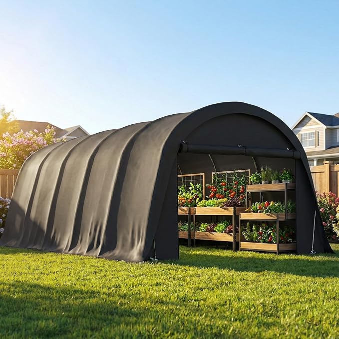 Outsunny 12' x 23.6' Heavy Duty Carport, Portable Garage Car Canopy Tent with UPF50+ Sun Protection, Galvanized Frame, Large Roll-Up Door for Cars, Trucks, Boats, Motorcycle, Bike, Dark Gray