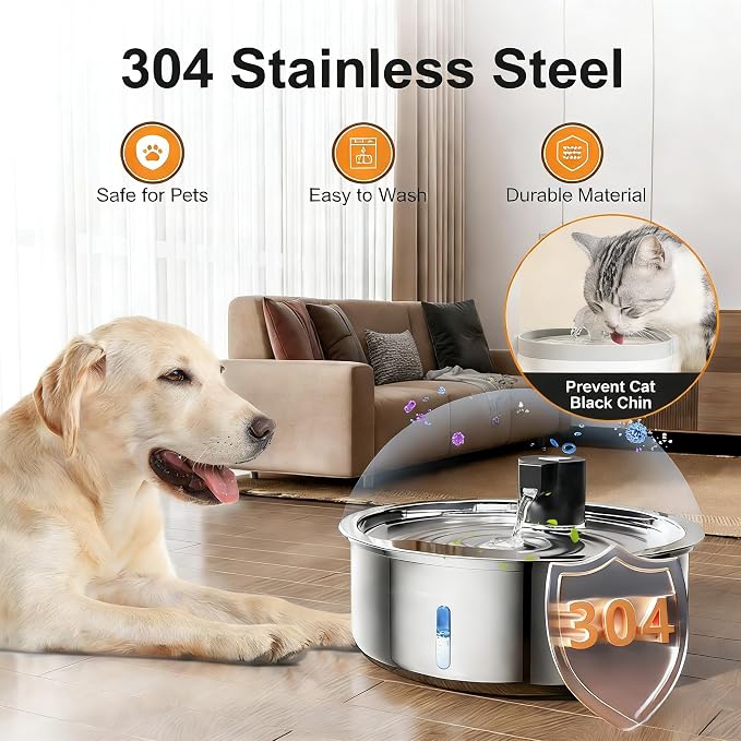 Dog Water Fountain, 8L Stainless Steel Dog Water Fountain for Large Dogs, Dog Water Bowl Dispenser, Super Quiet Pump and Replacement Filters for Cats and Dogs (Silver-8L+3Filters)