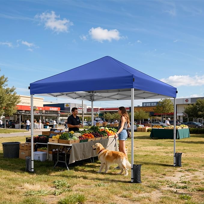 Driftalia 10x10 Pop Up Canopy Tent, Instant Setup Portable Canopy with Carry Bag, 4 Sandbags and 8 Stakes for Outdoor Events, Parties & Camping - Blue