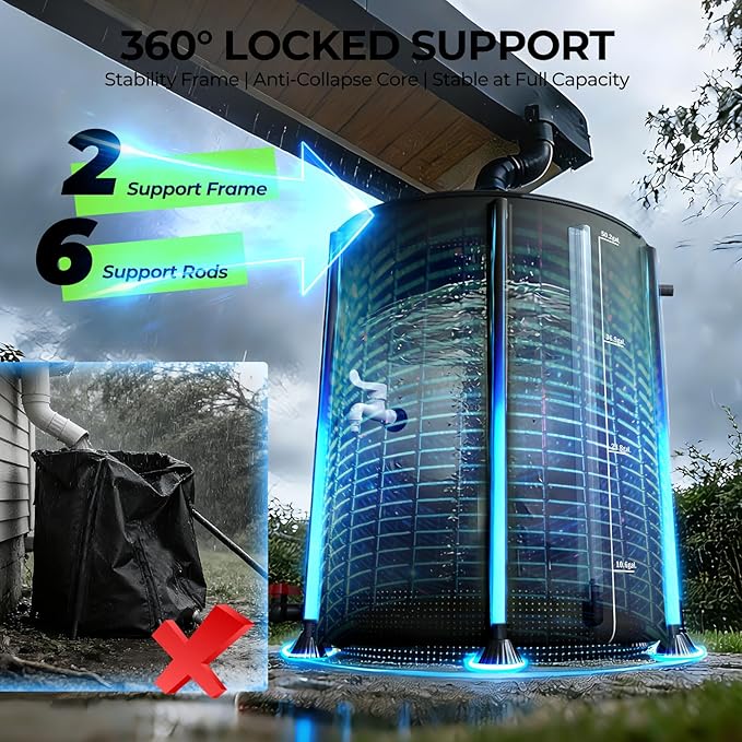 SKM Collapsible Rain Barrel, PVC Rain Water Collection System and Water Tank for Outdoor/Garden/Lawn, Portable Rain Water Collection Barrel Container with Spigots & Overflow Kit, 53Gallon, Black