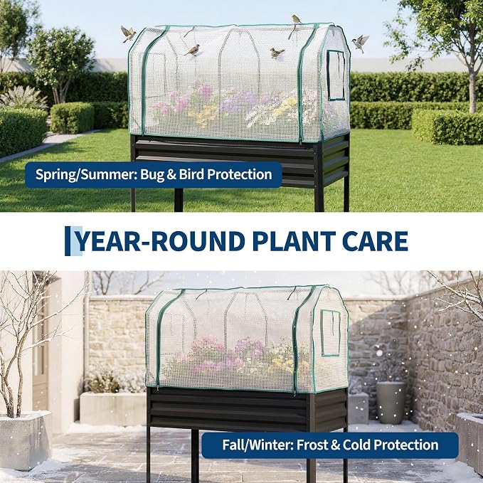 48×24×56in Galvanized Elevated Raised Garden Bed with Legs, Greenhouse Cover & Bird Net, Deep Metal Raised Planter Box for Backyard Patio Balcony Vegetables Herbs Flowers