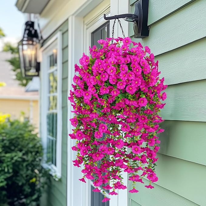 MARTINE MALL 8 Pcs Look Real Artificial Flowers for Outdoors, Realistic Artificial Hanging Flowers for Outdoors, UV Resistant Fake Hanging Plants Silk Petunia Faux Flowers for Porch Patio, Fuchsia