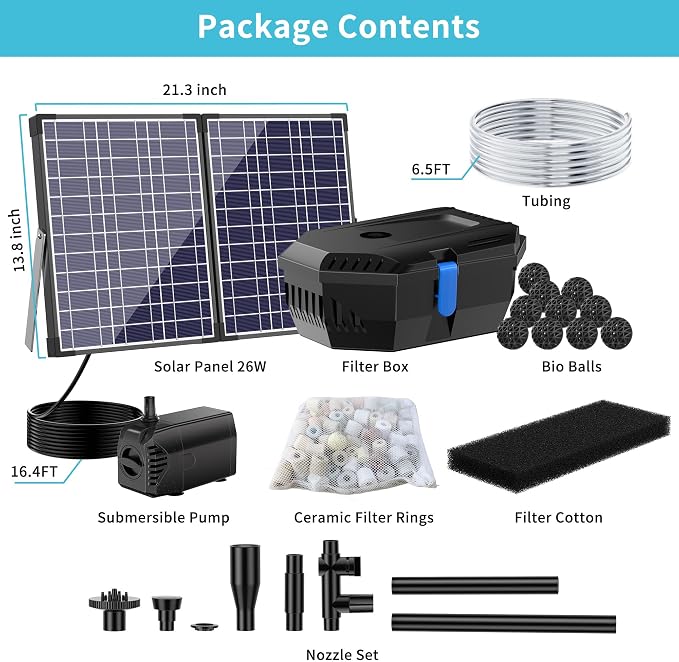 NFESOLAR Solar Pond Filter Fountain, 30W Solar Pond Pump with Pond Filter, 16.4 Ft Cord, 6.6 Ft Tubing for Outdoor Pond 200-600 Gallons, Garden Waterscape N3223