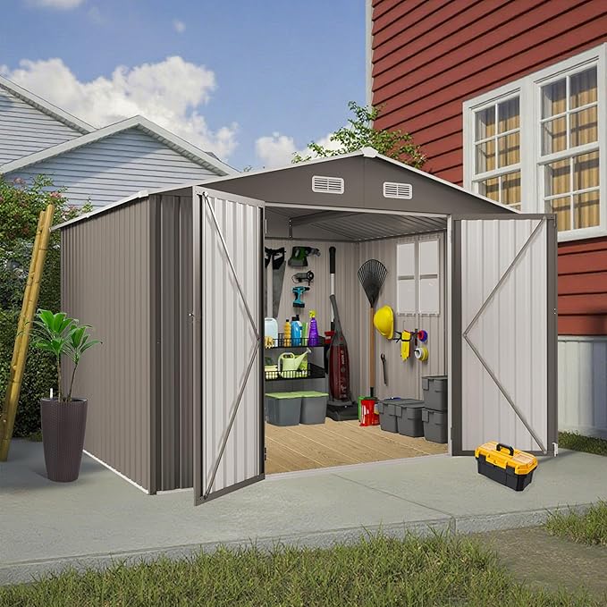 YOPTO 10x8 FT Outdoor Storage Shed,Metal Shed W/Window,Garden Storage Shed W/Lockable Door,All Weather Waterproof Tool House W/ 4 Air Vents & Sloped Roof,for Backyard,Patio,Lawn,Gray