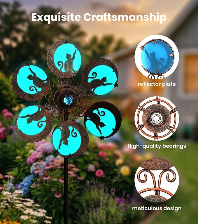Wind Spinners Outdoor for Yard & Garden, Whimsical Cat Yard Spinner, Metal Wind Spinner with Reflective Acrylic Gem, Outdoor Decorations with Soft Nighttime for Lawn & Patio