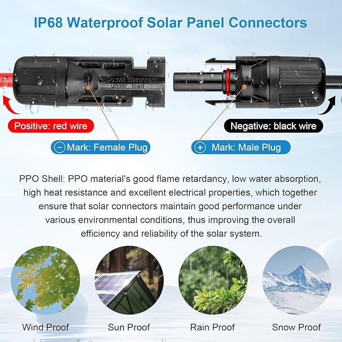 Solar Panel Extension Cable - 12AWG 20FT Solar Wire with Female & Male Waterproof Connector PV Wire for RV, Photovoltaic Systems, Home, Boat, Solar Panels, Car(20ft Red + 20ft Black)