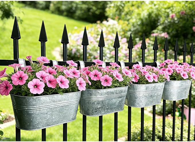 Balcony Galvanized Hanging Planters Railing Flower Pots, Outdoor Metal Fence Planter Pot with Detachable Hooks Drain Hole for Garden Patio Yard Decor (12 Inch, 8Pcs)