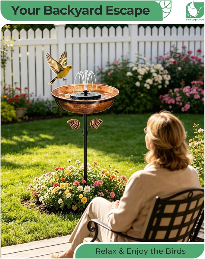 Metal Bird Bath with Solar Fountain - 13" Outdoor Birdbath Bowl + 6.3" Solar Pump with Battery LED Lights & with 4 Fixed Rods | Garden Bird Bath for Yard, Lawn, Patio, Flowing Water Feature