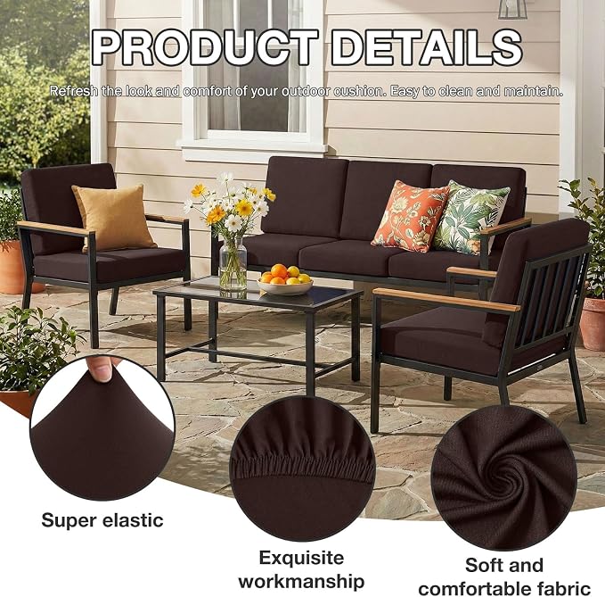 hyha 12Pcs Patio Cushion Covers, Stretch Outdoor Couch Cushion Covers Replacement, Washable Outdoor Chair/Sofa Slipcovers for Patio Furniture Cushions Protector with Elastic Bottom(Coffee,Cover Only)
