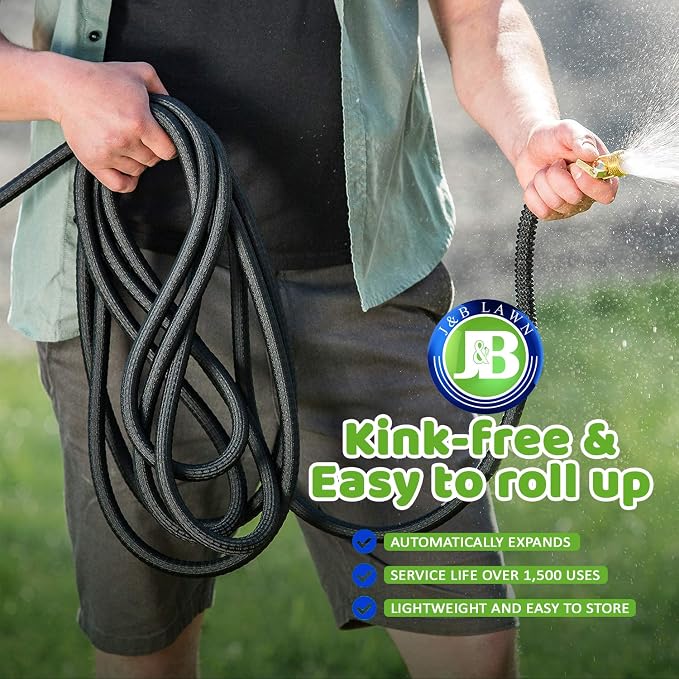 J&B XpandaHose 50ft Expandable Garden Hose- Heavy Duty Superior Strength 3750D - 4 -Layer Latex Core - Extra Strong Brass Connectors and Storage Bag (Black 50)