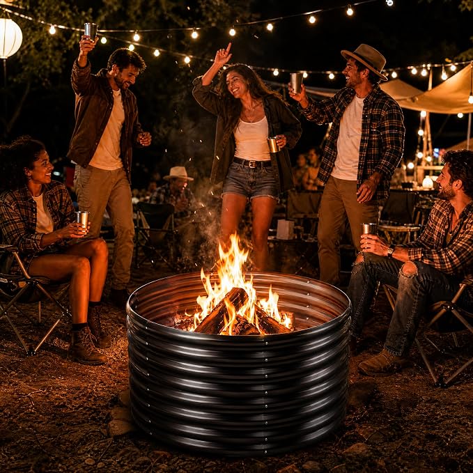 Jotesnew 48 inch Fire Pit Ring, 4x4x2FT Galvanized Fire Ring, Wood Burning Fire Pits Ring, Outdoor Fireplace Height 2FT, Round Camp Fire Ring, Bonfire Pit for Camping, Backyard (4x4x2FT)