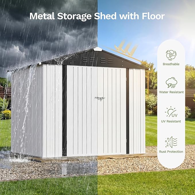 Patiowell 8x6 FT Outdoor Storage Shed with Floor Frame, Metal Garden Patio Sheds with Sloping Roof and Lockable Door, Waterproof Steel Tool Shed for Backyard Garden Lawn, White