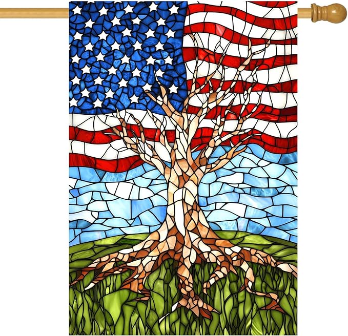 Patriotic American House Flag 28 x 40 Double Sided for Outside Large Stained Glass Tree Life Garden Flags 250 Anniversary USA 4th of July Independence Memorial Day Decora