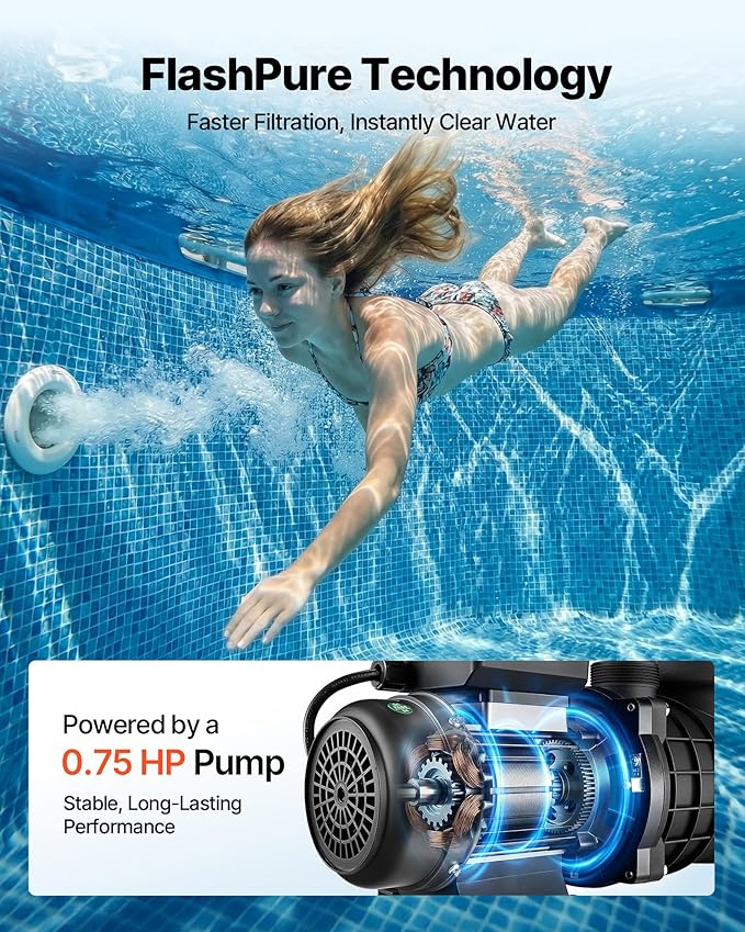 VEVOR FlashPure Sand Filter Pump, 14 in for Above Ground Pool, 0.75 HP 3500 GPH, Swimming Pool Filter System with Timer, 6X Faster Filtration, Media Installed, Leak-Resistant, Ready to Use Out of Box