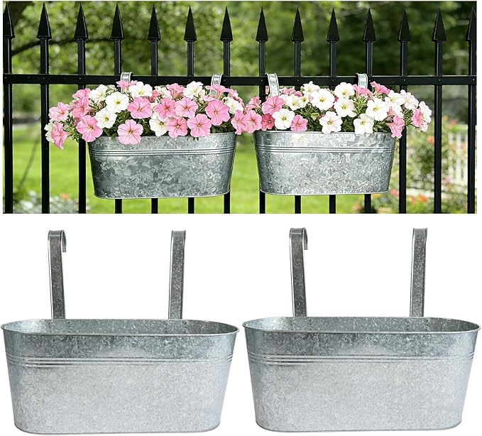 Balcony Galvanized Hanging Planters Railing Flower Pots, Outdoor Metal Fence Planter Pot with Detachable Hooks Drain Hole for Garden Patio Yard Decor (17 Inch, 2Pcs)
