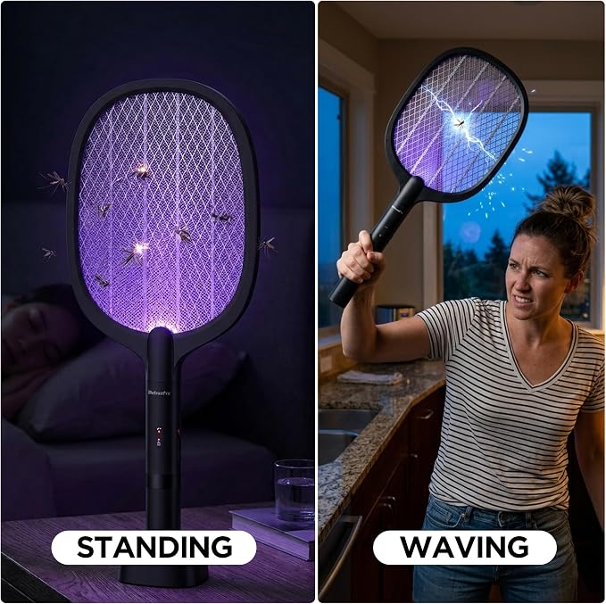 Fly Swatter Electric(2 Pack) Bug Zapper Racket, USB-C Rechargeable Electric Fly Swatter Portable Handheld Cordless Fly Swatter Racket to Kill Mosquitoes, Wasps, Gnats, Flies, Bugs, with Stand