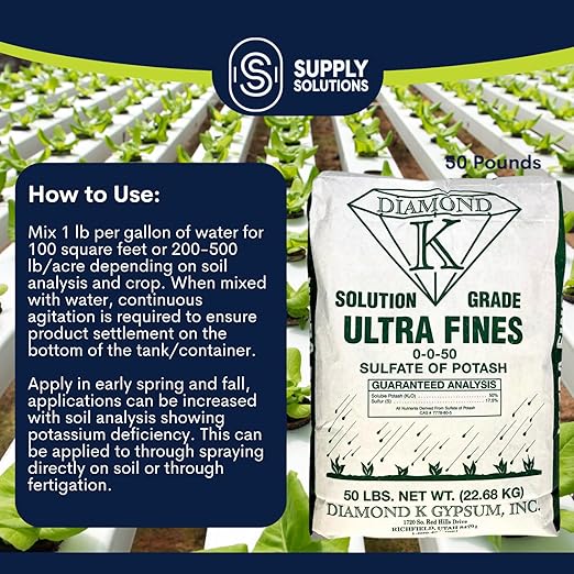 Supply Solutions Sulfate of Potash 0-0-50 Plant Fertilizer- Potassium Fertilizer for Indoor Plants Food, Outdoor, Flowers, Gardens, Fruit, Lawn - Potassium Plant Food with Nutrients (50 Pounds)