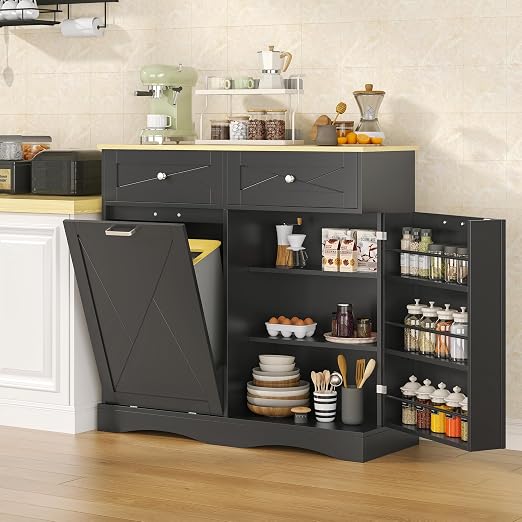 kepptory Tilt Out Trash Can Cabinet for 12 Gallon Trash Can, Modern Kitchen Island Cabinet with Adjustable Shelf and 2 Drawers for Hidden Laundry Basket, Dog Proof Garbage Can, Black