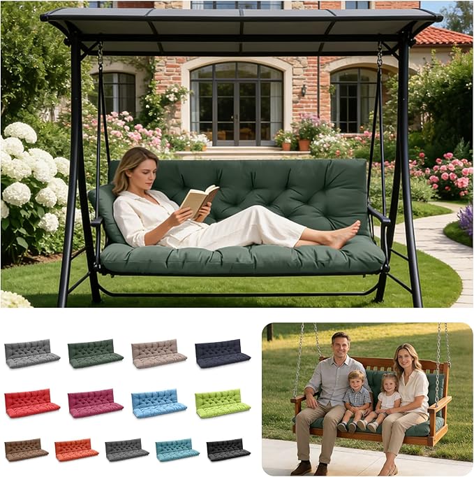 Porch Swing Cushions, Outdoor Swing Replacement Cushions 3 Seater with Backrest, Waterproof Bench Cushion with Ties,for Patio,Porch, Garden,Backyard