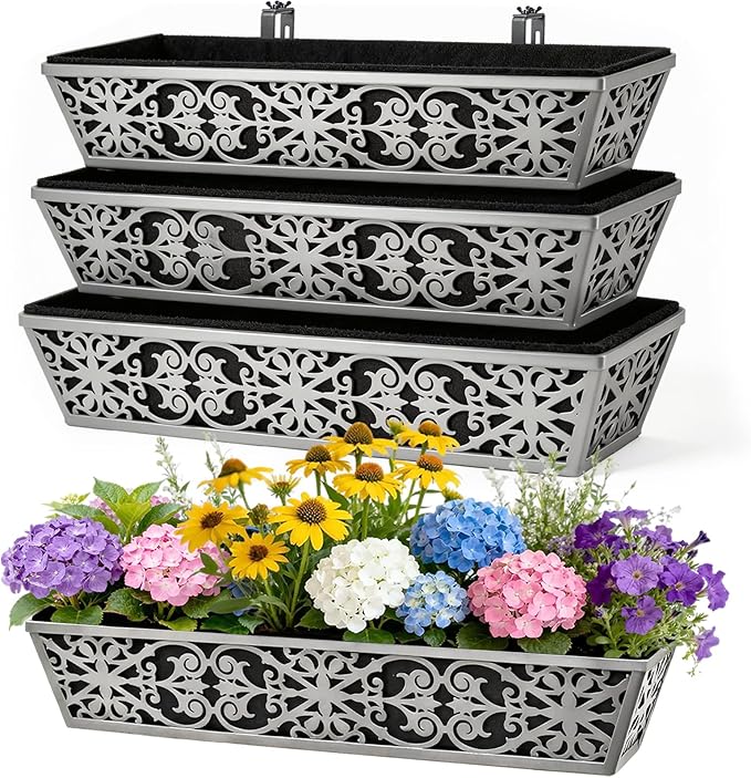 4 Pack 30 Inch Window Boxes Planter for Outdoor Plants Deck Railing Planters Box with Adjustable Brackets for Porch Fence Balcony Hanging Flower Baskets with Non-Woven Fabric Liner for Garden Décor