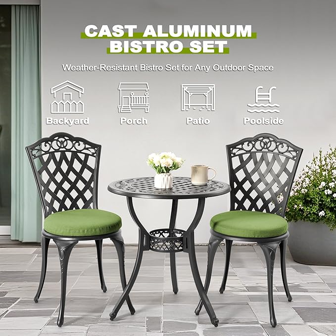 NUU GARDEN 3-Piece Cast Aluminum Patio Bistro Set, Outdoor Table and Chairs Set of 2 with Umbrella Hole and Green Cushions for Patio, Balcony, Garden, Black