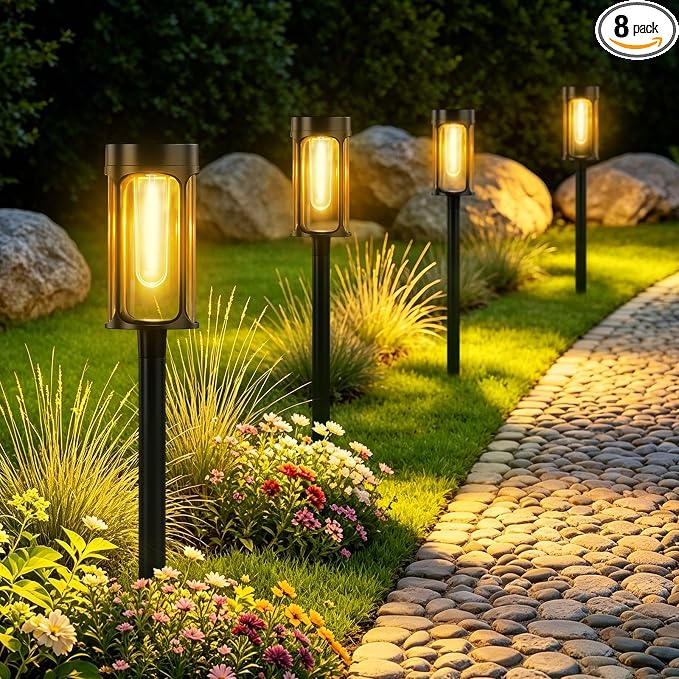 Solar Lights Outdoor, 8 Pack Waterproof IP65 Auto On/Off Solar Pathway Lights 3000K for Garden, Landscape, Path, Yard, Patio, Driveway,Walkway Decor, Landscape Lighting