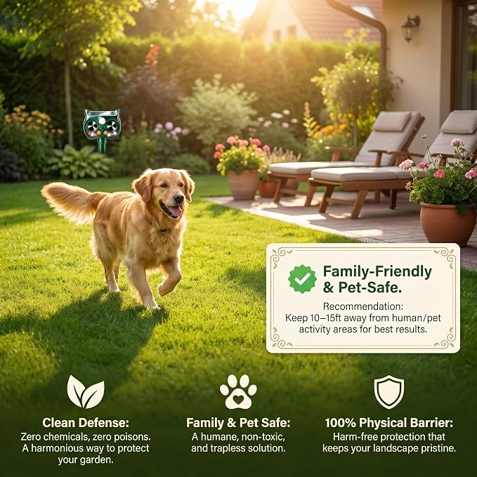 2Pack Upgraded Deer Repellent Devices Solar Ultrasonic Animal Repellent Outdoor with Motion Sensor Strobe Light for Squirrel Raccoon Rabbit Cat Bird Volume Control Keep Pests Out of Yard Farm