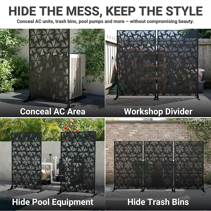 72in Metal Privacy Screen Outdoor Decorative Panel – Freestanding Rustproof Steel Patio Divider for Garden, Backyard, or Balcony, Modern Laser Cut Design for Stylish Privacy & Outdoor Decor