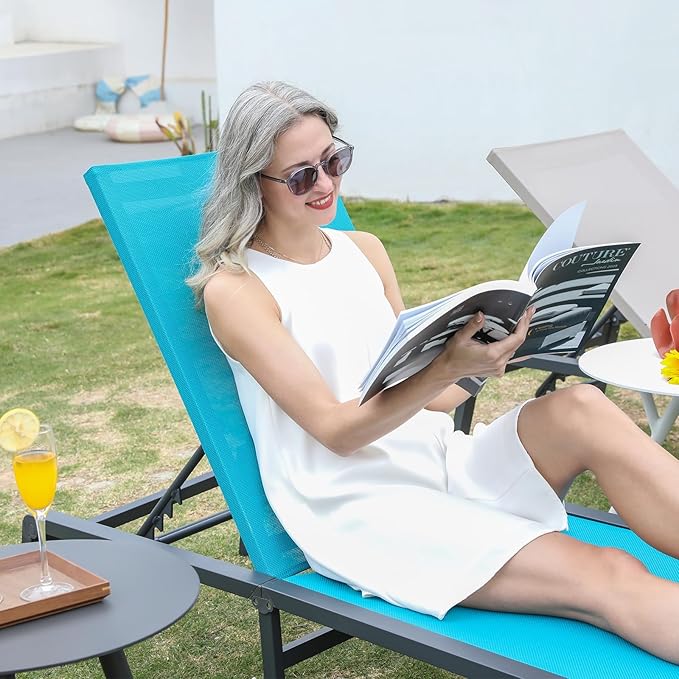 Aluminum Chaise Lounge Chair Outdoor, Foldable Patio Lounge Chair 2 Sets with Table Assemble-Free, Pool Lounge Chairs with 5 Adjustable Backrest, Outdoor Lounge Chairs for Outside Poolside Blue