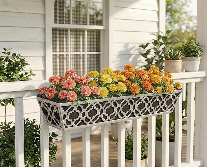 Y&M 30'' Metal Railing Planter Box Set with Black Non-Woven Fabric Liner, Flower Boxes with Adjustable Brackets, 2 Pcs Large Hanging Window Boxes for Fence, Deck, Balcony, and Garden - Gray