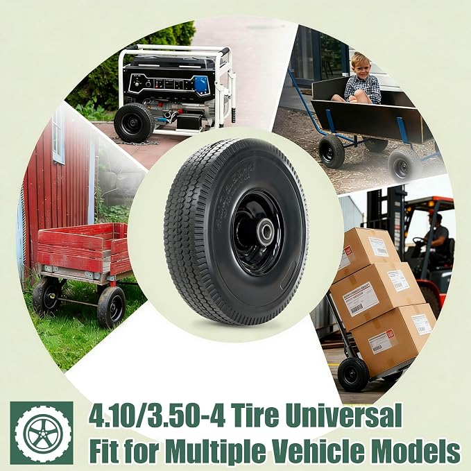 4.10/3.50-4 Tire and Wheel, 10" Solid Tires with 5/8” Bearing, Extra 3/4”&1/2” Bearings, 2.2” Offset Hub, Flat Free 4.10/3.50-4'' Wheels for Dollies, Hand Trucks, Tractors (2 Pack) (Black)