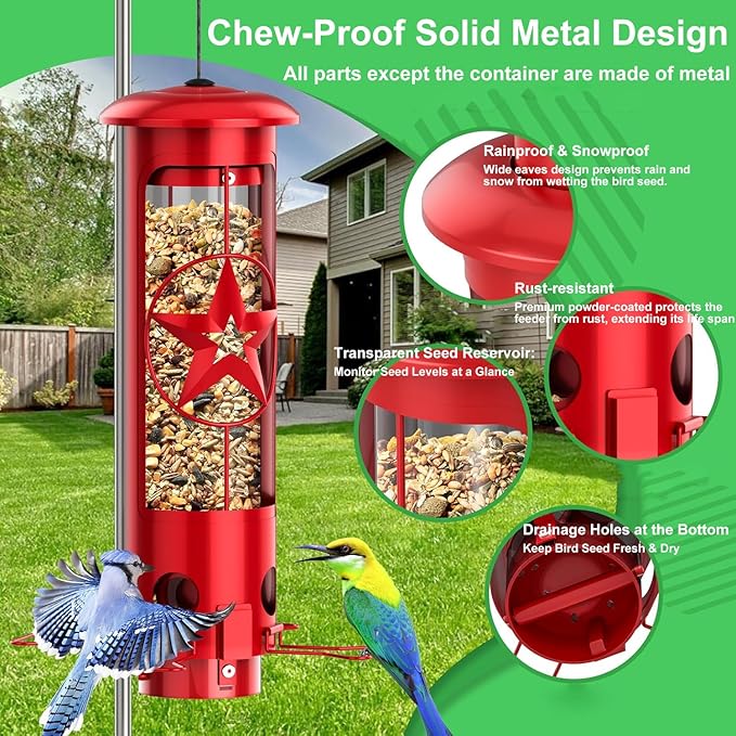 Squirrel Proof Bird Feeders for Outdoors with Weight-Activated, 3LB Large Metal Wild Bird Feeders for Cardinals,Blue Jay,Finch, Weatherproof Durable Tube Hanging Bird Feeder for Backyard,Garden,Patio