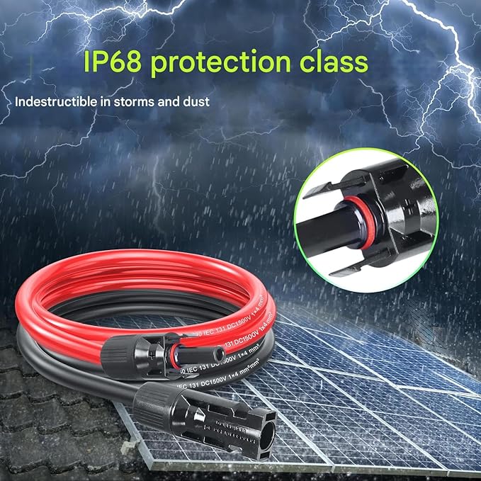 50Ft Solar Panels Extension Cables, 6mm² PV Cable with Male and Female Connectors, IP68 Waterproof, 10AWG Solar Wire