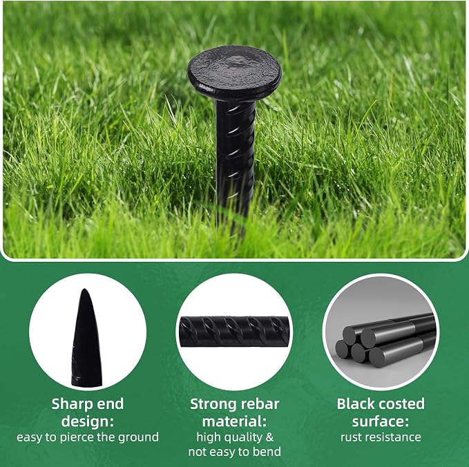 16 Inch Ground Spikes, Rebar Stakes, 1/2 Ground Stake, Galvanized Anchors, Metal Stakes for Ground (16Pcs, Black)