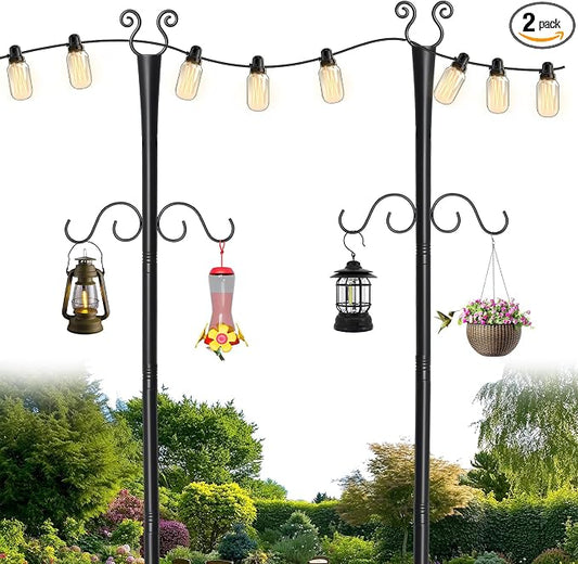 2 Pack Outdoor Patio Light Poles for String Lights, 10Ft Heavy Duty Metal String Light Poles with Shepherds Hooks for Hanging Plant & Bird Feeder, Deck Pole for Outdoor Strings Lights
