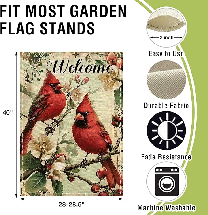 Artofy Welcome Cardinal Large Decorative House Flag, Vintage Red Birds Magnolia Flower Yard Garden Outside Decor, Retro Spring Summer Floral Burlap Outdoor Home Decoration Double Sided 28 x 40