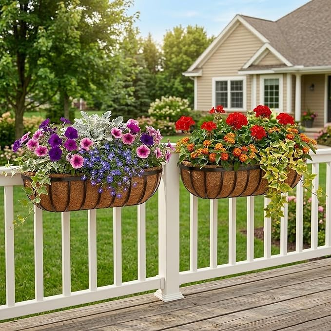 30 Inch Railing Planter Boxes 2 Pack Metal Window Box Planters with Coco Coir Liners, Horse Trough Planter with Adjustable Brackets for Deck Balcony Fence Porch Patio Outdoor Garden