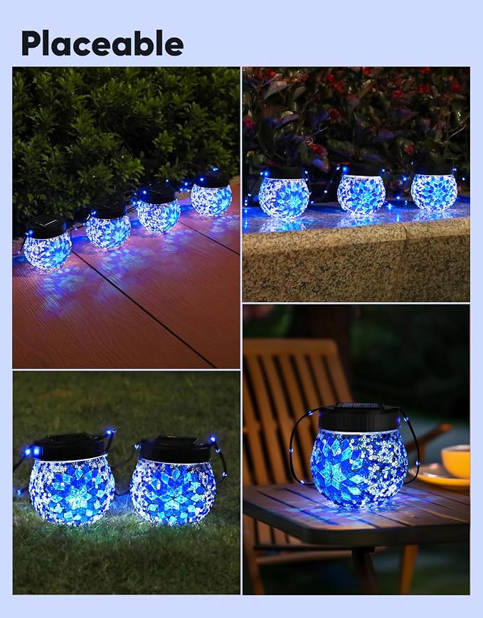 Mosaic Solar Lights Outdoor 4 Pack, Solar Hanging Lanterns Christmas Halloween Gifts for Women Mom Grandma, Waterproof Glass Globe Lights, Garden Patio Decor for Yard, Tree, Balcony, Cold