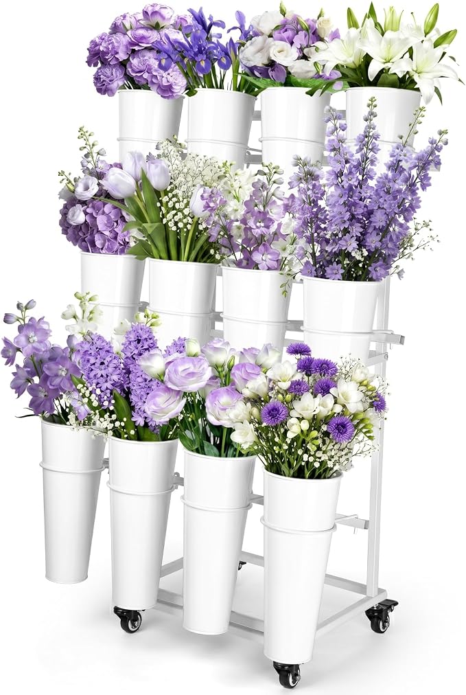 Flower Display Stand With 12 Buckets,3-Tier Flower Cart with Wheels,Flower Bar Display Stand for Florist Garden Wedding Home Decor