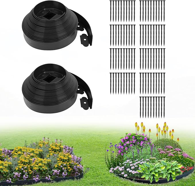 2 Inch x 100FT Garden Edging Kit with 90 Spikes for Landscaping, Plastic Lawn Edging Border for Flower Beds, Tree Rings, Pathways, Black