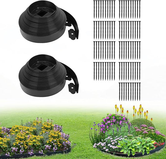 2 Inch x 100FT Garden Edging Kit with 90 Spikes for Landscaping, Plastic Lawn Edging Border for Flower Beds, Tree Rings, Pathways, Black