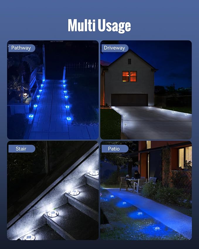 Solar Driveway Lights Dock Lights Waterproof 24 Pack, 2 Colors in 1 Outdoor LED Solar Deck Light, Solar Powered Walk Way Light Road Marker for Stair Pathway Patio,Blue & White