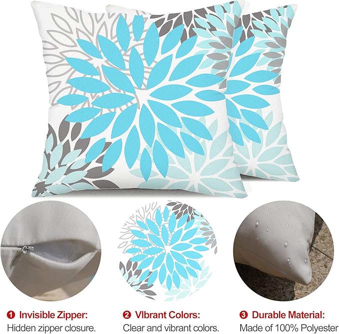 DFXSZ Sky Blue Flower Pillow Covers 20x20 Inch Set of 2 White Gray Colored Throw Pillows Outdoor Waterproof Decor for Living Room Sofa Patio Funiture Garden Floral Polyester Pillow Covers 002M20