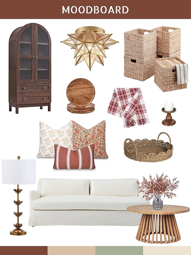 Crumbs Home Modern Farmhouse California Casual Indoor Outdoor Throw Pillow Cover, 20"x20" Water Repellent for Patio, Backyard, Couch, Poolside, Rust Orange Print Sketch Botanical Flowers and Leaves