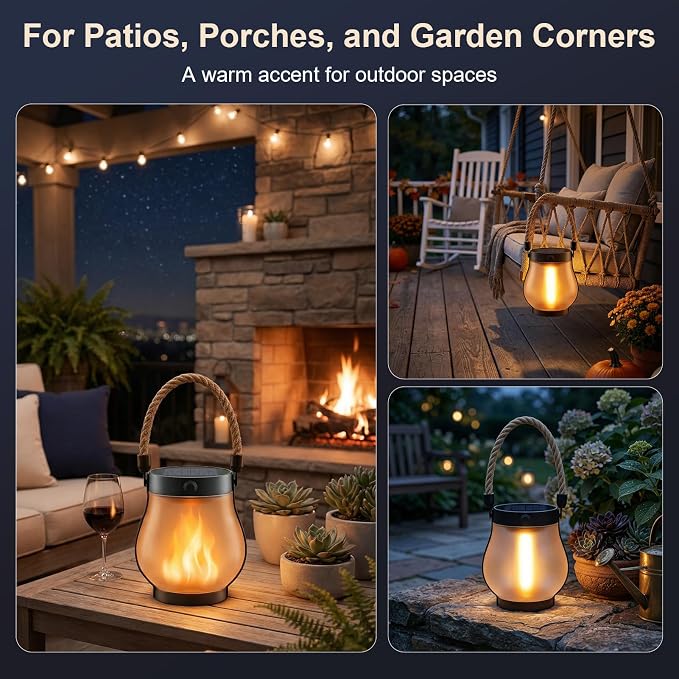 Solar Lanterns Outdoor Waterproof 6 Pack, Outdoor Solar Lanterns with Flickering Flame Effect, USB-C & Solar Charging, Auto Dusk to Dawn, Hanging Light for Garden Patio Yard