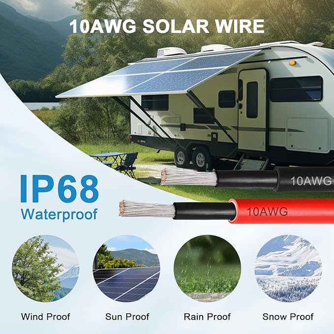 MOOKEERF Solar Panel Wire 10 AWG(6mm²) - Solar Extension Cable 60Ft Black & 60Ft Red 10 Gauge Tinned Copper PV Wire for Outdoor Automotive RV Solar Panel Boat Marine (Black+Red)
