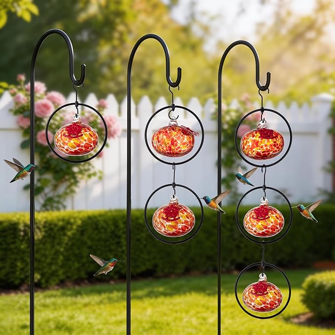 QFkris Set of 6 Blown Glass Hummingbird Feeder for Outdoors Hanging, Small Hummingbird Feeder with Flower Feeding Ports for Outside Garden Backyard Decor, Gardening Gifts for Women Mom(Orange)