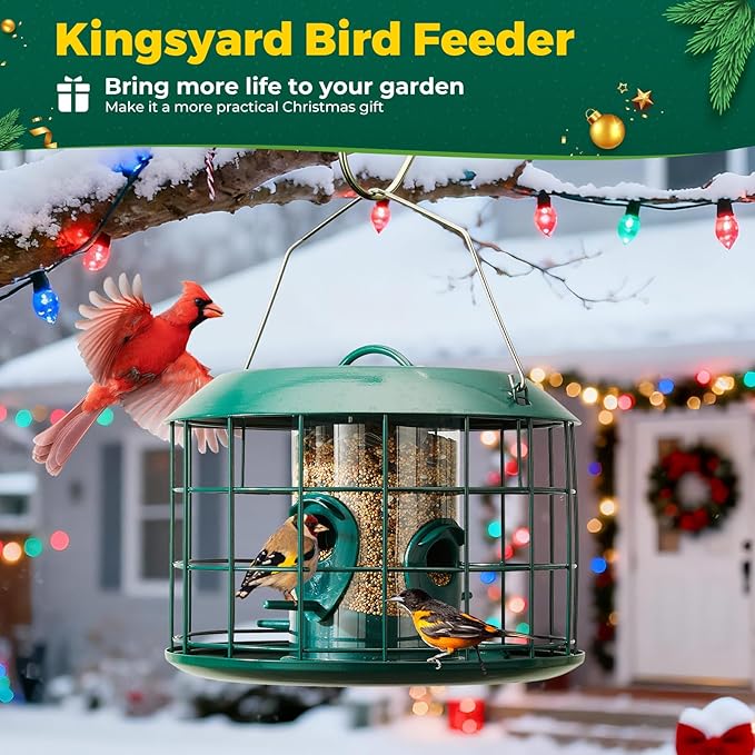 Kingsyard Tube Squirrel Proof Bird Feeders for Outdoor Hanging, Metal Caged Bird Feeder with Rain Proof Covered for Wildbirds Finches Bluebird, 4 Feeding Ports, Green
