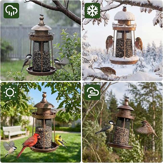 Lavezee Bird Feeder for Outdoors, Large Capacity Hanging Bird Feeders for Outside Wild Birds Hummingbird Parrot, Bronze